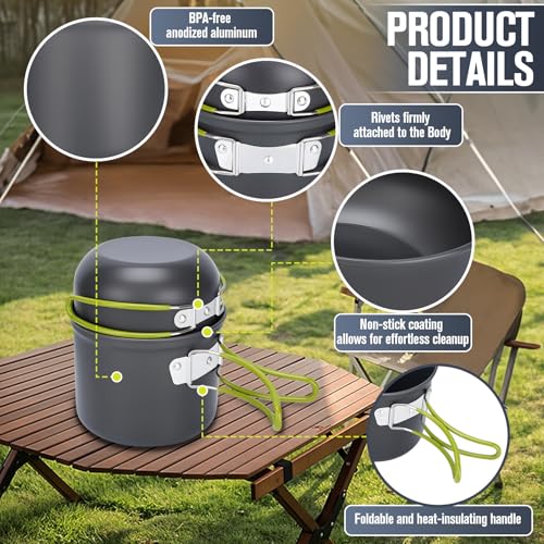 VECKYJL Camping Cookware Set, 16pcs Lightweight Backpacking Mess Kit with Camping Pots and Pans, 2 Cups, Fork Spoon, Survival Cooking Kit for Outdoor Hiking and Picnic - Thumbnail 2