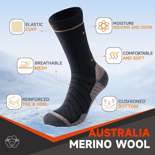 Merino Wool Hiking Crew Socks for Men & Women, Thermal Socks,Cushioned Anti-Blister, Breathable 3 Pairs2