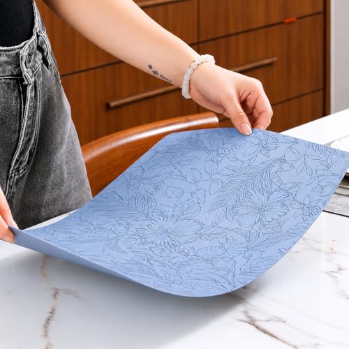 Image of Yelona Premium Faux Leather Placemat Set of 4 | Printed Floral Design, Waterproof & Heat Resistant Table Mat | Non-Slip, Washable for Dining, Kitchen & Home Decor (Sky Blue, 43 x 30 cm)
