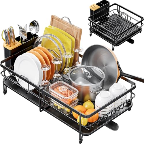 KINGRACK Expandable Dish Drainer Rack,Adjustable Dish Rack,Foldable Dish Drying Rack with Removable Cutlery Holder Swivel Drainage Spout,Anti-Rust Plate Rack for Kitchen 1 Piece