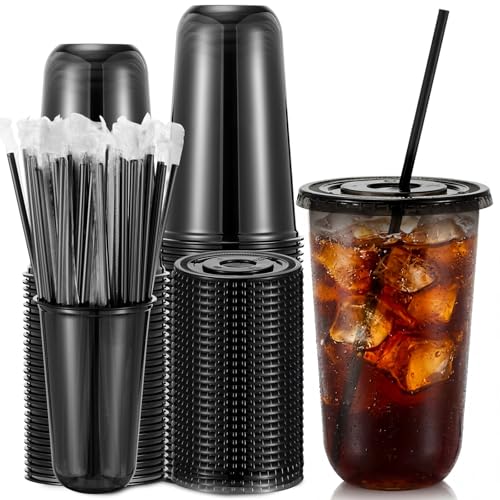 Ziliny 25 Set Black Plastic Cups with Lids and Straws Disposable Iced Coffee PET Cups for Drinking Cold Beverage Juice Parfait Smoothie Milkshake Coffee Shops Party Supplies (18 oz)