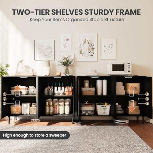 Rattan Buffet Cabinet with Storage,Sideboard Cabinet with 4 Doors and Adjustable Shelves, Console Coffee Bar with Charging Station, Boho Wood Cupboard for Kitchen, Livingroom and Dining Room,Entryway