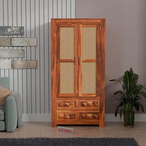 Image of Wooden Storage Cabinet with Cane Doors & Drawers | Tall Solid Wood Wardrobe Cabinet with 2 Doors & 4 Drawers (Honey Finish)
