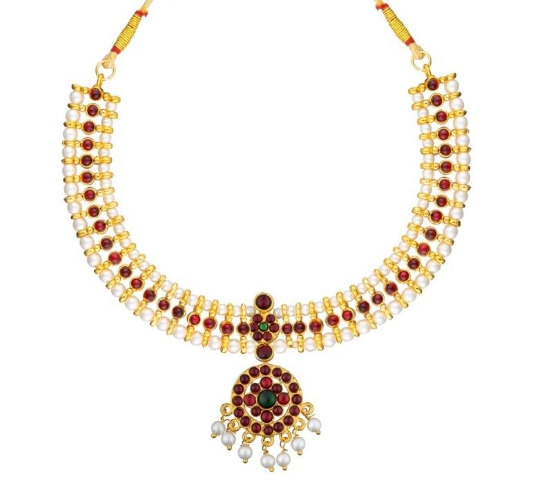 Bharatanatyam Dance Jewellery Set with Kempu Stone Short Necklace – H&made Traditional South Indian Dance Jewelry for Classical, Temple Functions, Weddings, Festivals & Occasions (AD:0021)-image-2