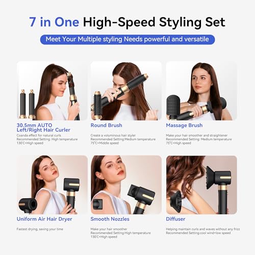 Image of Hair Dryer Brush,Blow Dryer Brush with Attachments,110000 RPM Curly Twist 7 in 1 Air Style, Professional Ionic Hair Styling Tool, Left & Right Air Curler, Volumizer