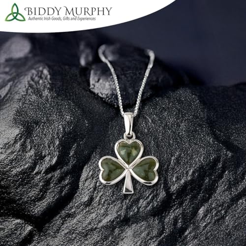 Biddy Murphy Genuine Irish Shamrock Necklace with Connemara Marble - 925 Sterling Silver Celtic Jewelry Assay Hallmarked in Dublin, Made in Ireland, Three-Leaf Clover Pendant with 18" Chain2