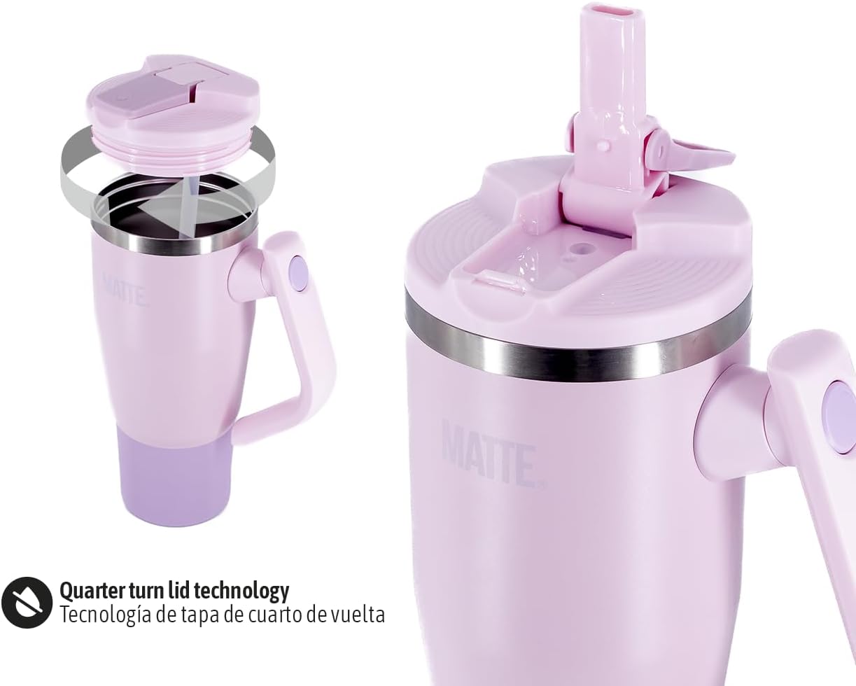 Matte 32 oz tumbler with handle and straw - Leak Proof Tumbler - Insulated Tumblers - Stainless Steel Tumbler - Hot and Cold Drinks - tumblers for women (Pink, 32oz) - Image 4