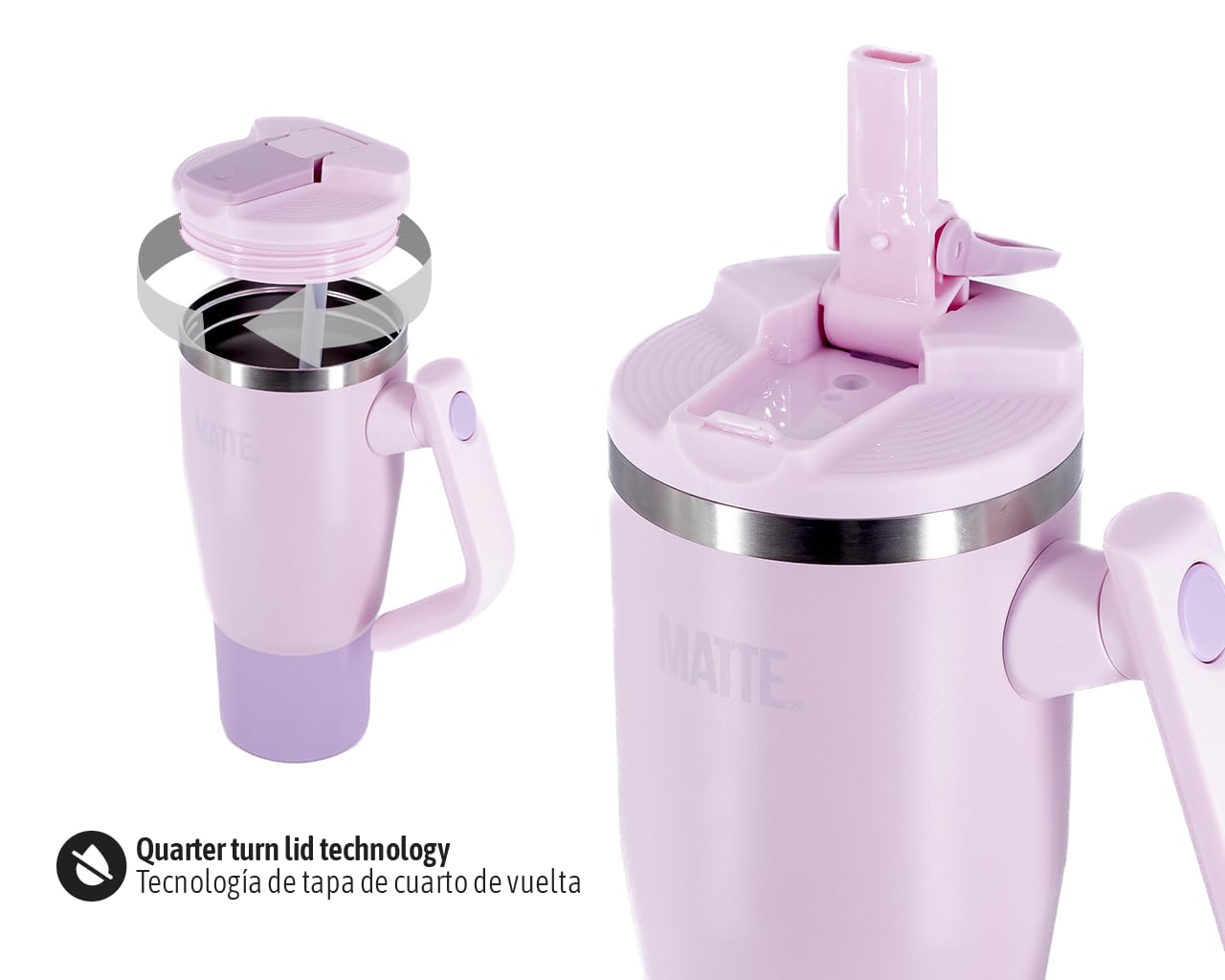 Matte Becher mit Griff und Strohhalm – auslaufsicherer Becher – isolierter Becher – Edelstahlbecher – Heiß- und Kaltbecher (Rosa, 907 ml)