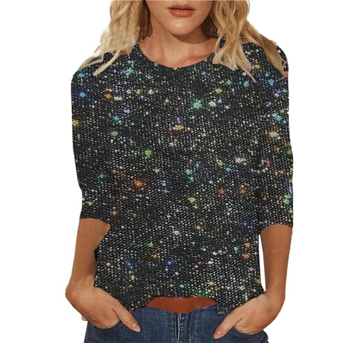 Blusa brillante para mujer, manga 3/4, con purpurina brillante, para fiesta, discoteca, fiesta, club, casual, holgada, elegante, con brillos frontales y brillantes, Negro, 3XL