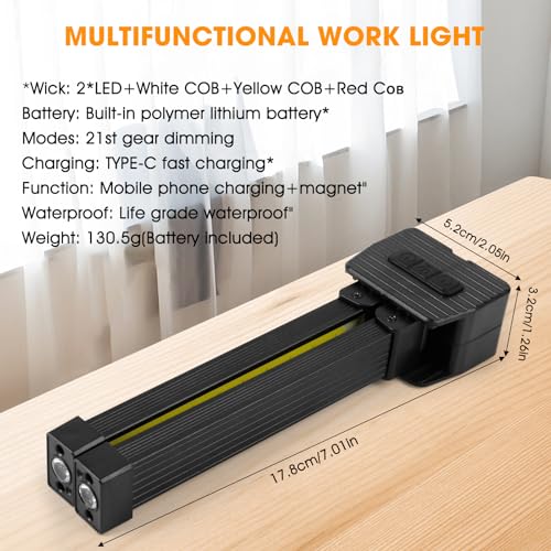 Magnetic Gym Lamp for Posing, Portable Magnet LED Flashlight with Hanging Hook, 7th Gear Dimming & 180 Degree Folding, Handheld USB Rechargeable Power Bank Camping Light - Image 6