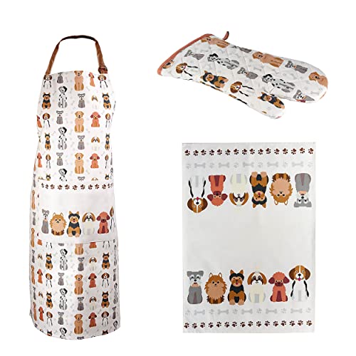 Ensemble cuisine 3 pièces de SPOTTED DOG GIFT COMPANY avec torchon tablier manique motifs chiens