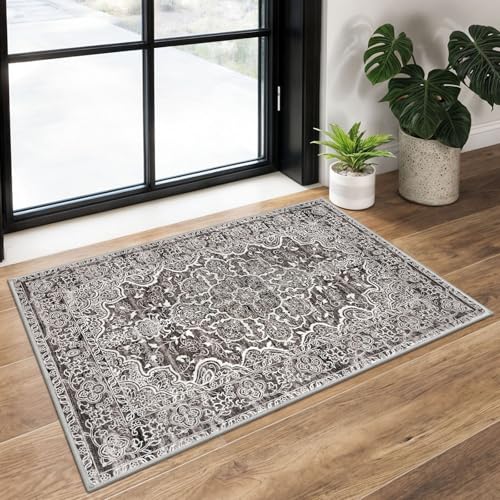 KUTA Vintage Small Area Rug 2x3 Tan Grey Washable Vintage Entryway Rugs Non-Slip Ultra Soft Floral Doormat Printed Retro Distressed Carpet Accent Farmhouse Kitchen Throw