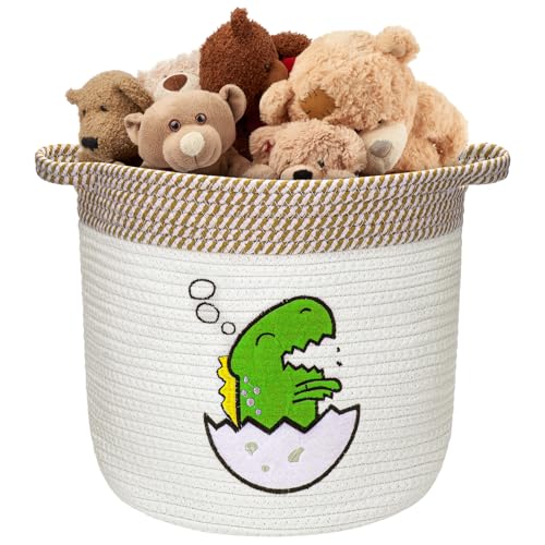 Huiguli Cesta de Cuerda de Algodón Infantil, Cestas De Almacenamiento De Juguetes Con Asa, Cesta para Guardar Mantas para Sala de Estar y Dormitorio, Beige Dinosaurios 30x30cm (Dinosaurios)