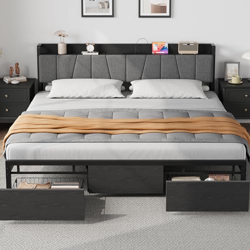GarveeHome King Size Bed Frame with Storage Headboard, Black King Platform Bed with 2 Large Drawers and Charging Station, Industrial No Box Spring Nee