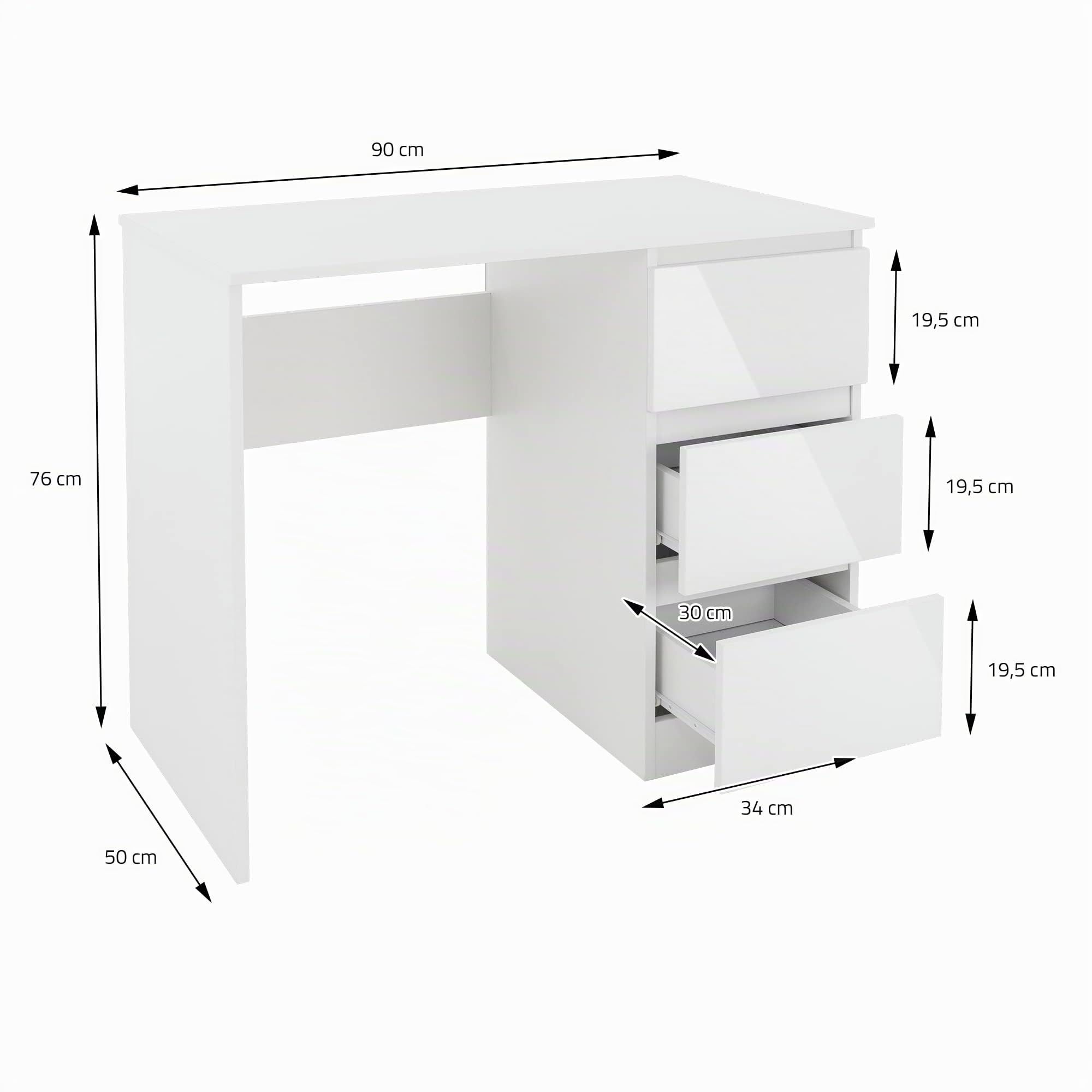 ML-Design Escritorio con 3 Cajones 90x76x50 cm Blanco con Tapas de Cajones Brillantes con Gran Espacio de Almacenamiento Mesa de Trabajo para Ordenador Portátil PC en Oficina y Homeoffice