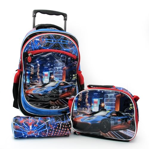 Mochila Escolar Lancheira Estojo Infantil Rodinhas Alça Masculino (Carro)