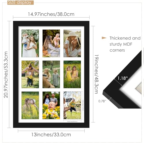 Image of DUENPY 13x19 Collage Picture Frame 4x6 Picture Frames Collage Wall Decor Displays Nine 4x6 inch Photos Available Horizontal Wall Mounting Display and Vertical Black