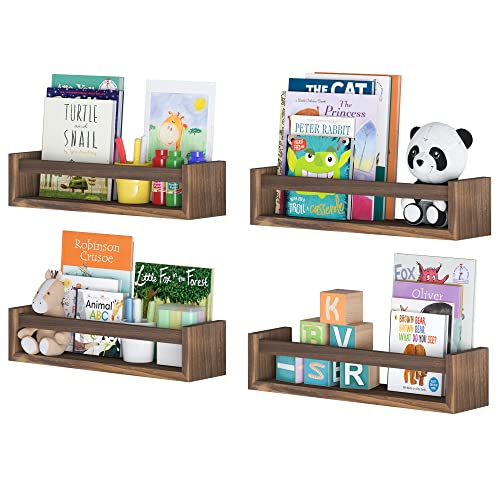 Image of Wallniture Utah Nursery Bookshelf Set of 4, Floating Shelves for Kids Room Decor, Wood Wall Shelves (Burnt Wash Brown)
