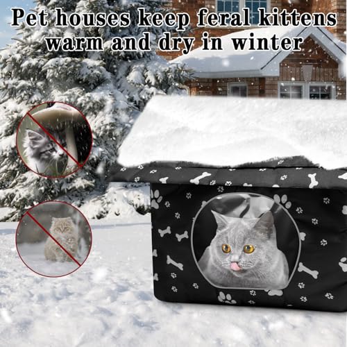 Katzenhaus Outdoor Winterfest, Katzenhöhle für Draußen, Katzenhaus Outdoor Winterfest Isoliert, mit Abnehmbarem Transparentem Vorhang, Abnehmbarem Kissen, Outdoor Katzenhaus Winterfest (Schwarz, L)