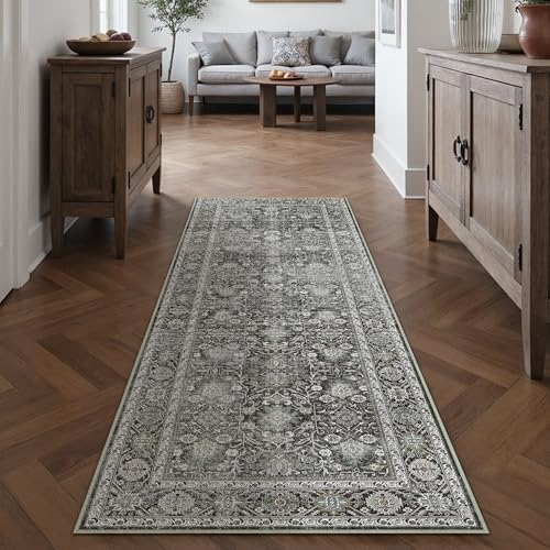 HUGEAR Vintage Schwarz Waschbarer Läufer Teppich Flur 60x180cm Bettvorleger Küchen Wohnzimmer Schlafzimmer Teppiche rutschfest Kurzflor Weich Flurläufer Teppichläufer