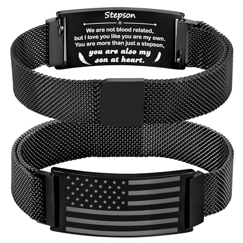 Jesvo Stepson Bracelet Gifts, American Flag Black Stainless Steel Band Bracelets Wrist Jewelry Christmas Birthday Valentines Father's Day Gifts Ideas Presents for Step Son Teenage Teen Boys Adult