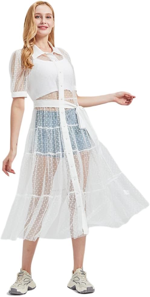Women Sheer Mesh Button Down Shirt Dress with Waist Belt Summer Beach See Through Bikini Cover Up Swimwear