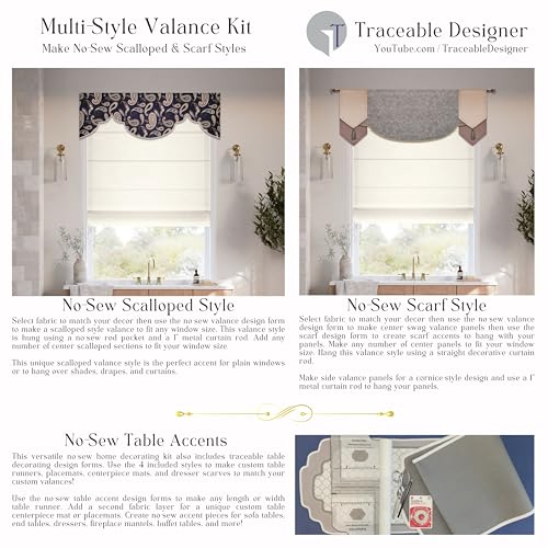 Traceable Designer Scalloped & Scarf Valance Kit — DIY No-Sew Window Treatment, Patented Trace-Cut-Hang Design Form, Reusable Template for Custom Home Décor (Fabric Not Included)