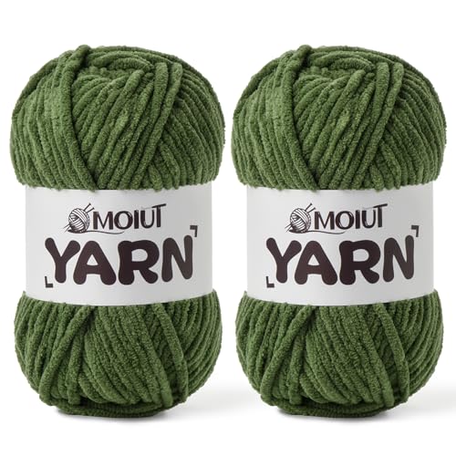 Image of 2 Pack Fluffy Chenille Yarn for Crocheting, Chunky Velvet Yarns for Crochet Amigurumi, Baby Yarn for Crocheting Soft Blanket, 174.9yds /7 oz Bulky Yarns for Crafts /Hats /Shoes /Socks (2 Army Green)