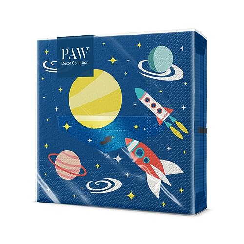 PAW - Serviette Papier 3 Plis (33 x 33 cm) I Lot de 20 I Motifs Discrets, Créés pour les Petits. des Serviettes Parfaites pour les Anniversaires, la Fête des Enfants (Space)