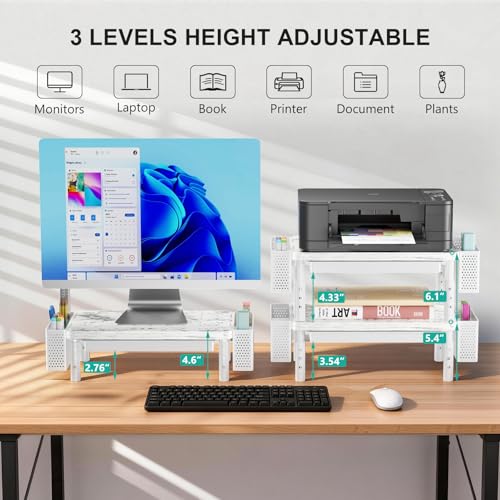 Image of WALI Computer Monitor Stand with Storage, Desk Organizer with Drawer and Pen Holder, Desk Monitor Riser 3 Height Adjustable, Laptop Riser for Computer, Laptop, Printer(PTT003-M), 1 Pack, Marble