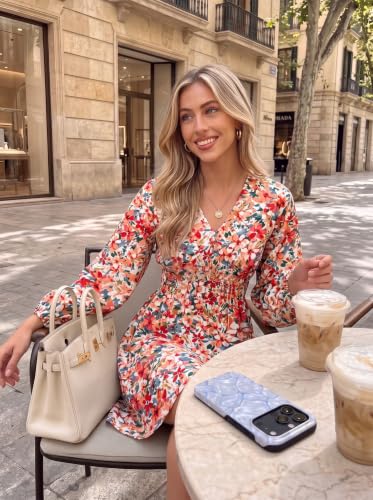 Image of Dokotoo Womens Dresses Boho Floral V Neck Long Sleeve Smocked Elastic Waist Casual A-Line Mini Dress Sundress