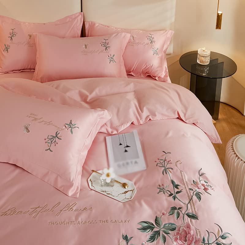 ピンクの花柄刺繍ベッドカバーセット お洒落な花柄高級布団カバー3点セット(シングル) Bella28 (寝具/寝具