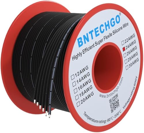 BNTECHGO Cable de cinta de silicona de calibre 24, flexible, 6P, negro, cable plano de 25 pies, cable de cobre estañado trenzado de 24 AWG
