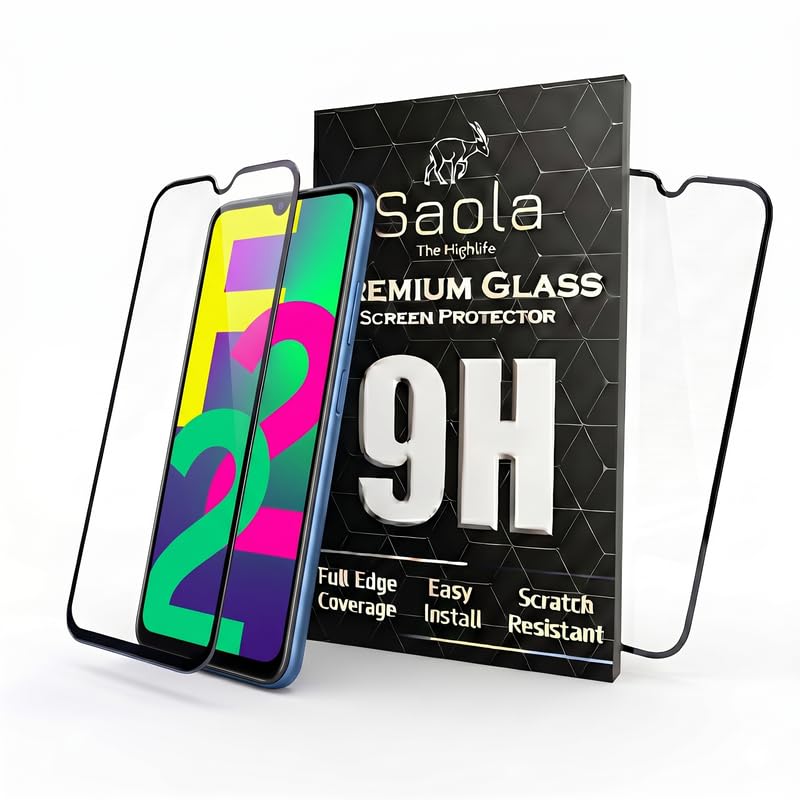 Image of Saola HD+ Oleophobic Tempered Glass Screen Protector For Samsung Galaxy F22 4G (Pack Of 2) with Free Installation Kit. Full screen Coverage - 6.4 inch