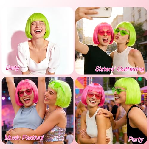 Image of DAJOOEE 2 Pack Party Wigs Wig Cap and Sunglass Set,Short Bob Hair Wigs Straight with Flat Bangs Synthetic Colorful Cosplay Daily Party Neon Wig for Women (Pink Green)