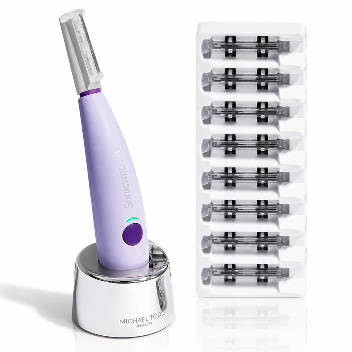 Michael Todd Beauty Sonicsmooth Dermaplane 여성용 얼굴 면도기 | 더마플래닝 시스템 + 눈썹 트리머, 피치 퍼지 리무버, 더마플래닝 블레이드 8주