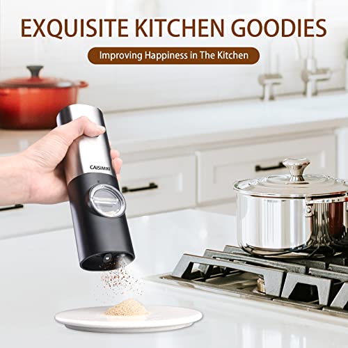 Caisimiki Electric Salt And Pepper Grinder, Automatic Salt And Pepper Mill Grinder Shakers With Led Light One Hand Battery Operated, Adjustable Coarseness, Free Brush And Spoon, Stainless Steel 1 Pack #TOP2