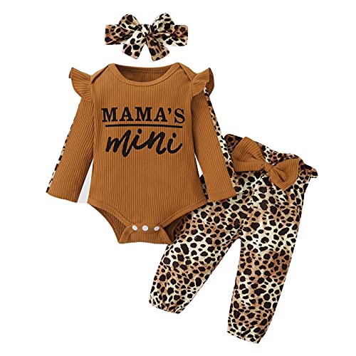 Image of Infant Baby Girl Clothes Toddler Ruffle Long Sleeve Romper Onsies Leopard Pants with Headband Fall Winter Outfits Set