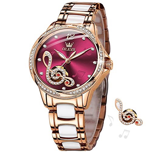 Image of OLEVS Women's Wrist Watches Automatic Red Face Self Winding Watches for Women reloj para Mujer Rose Gold Mechanical Dress Diamond Ladies Waterproof Without Battery Music Note