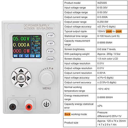 Image of DC Power Supply, Lab Bench Numerical Control Variable 4-Digital LCD Display Regulated Power Supply DC 6-55V to 0-50V 5A with Alligator Leads