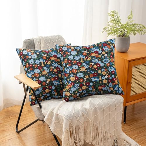 Pyonic Set of 2 Decorative Floral Print Throw Pillow Covers 18X18 Inch Vintage Black Boho Square Pillow Covers Soft Neutral Farmhouse Couch Pillowcase for Livingroom Bedroom Home Decor — view 4