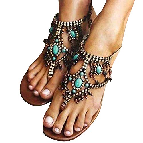 NPRADLA Sandalen Flip Flop Sliper Zehentrenner Damen Frauen, 2019 Casual Bohemian National Wind Komfortable Perlen Pin Flachesandalen(41,Blau)