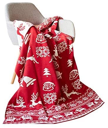Decorative Christmas Lightweight Soft Cozy Knitted Throw Blanket (Snowflake and Reindeer),51