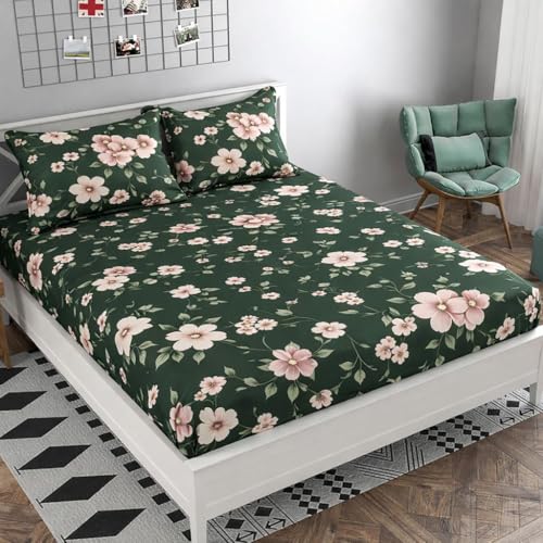 Image of Dahlia Elastic Fitted Glace Cotton Queen Size (78x72x up to 6 Inches) Bedsheet for Kids with 2 Pillow Covers - 200TC (Flower, Green Color)