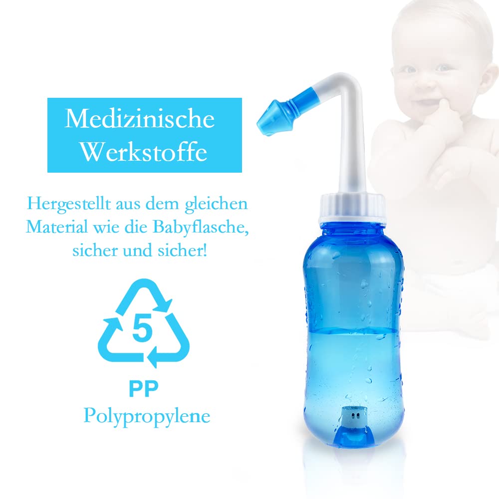 WATERPULSE Neti Pot Sinus Douche nasale avec sel 300 ml avec 10 sachets de sel de rinçage nasal et thermomètre autocollant pour adultes & enfants sans BPA, bleu