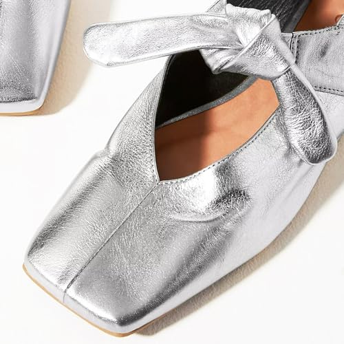 VIMISAOI Square Toe Ballerina Shoes for Women Bow Knots Ballet Flats Mary Jane Flats Slip On Bowtie Strap Flats Silver2