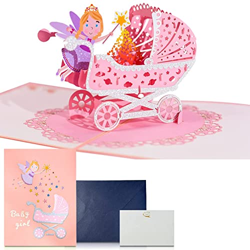 NEWUPZSI Tarjeta felicitacion bebe, Tarjetas regalo pop up, Tarjetas felicitacion bebe para nacimiento bebe o cumpleaños bebe para niño y niña, tarjeta 3D para cochecito de bebé, color rosa