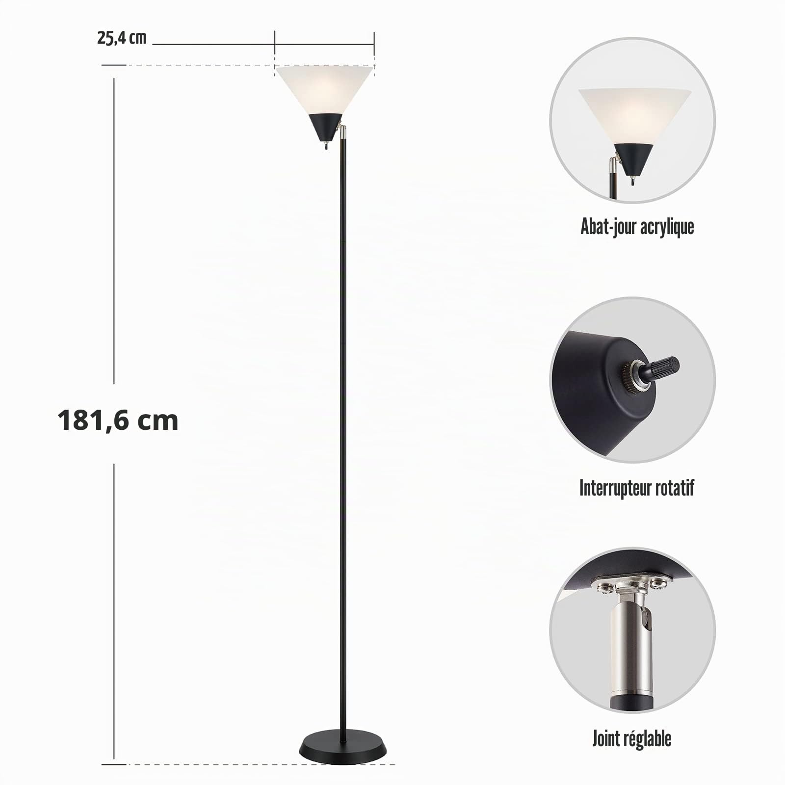 Lampes de sol, lampadaire sur pied avec tête lumineuse pivotante, abat-jour blanc résistant aux chutes, interrupteur rotatif, lampes hautes pour salon, chambre à coucher, bureau(noir)