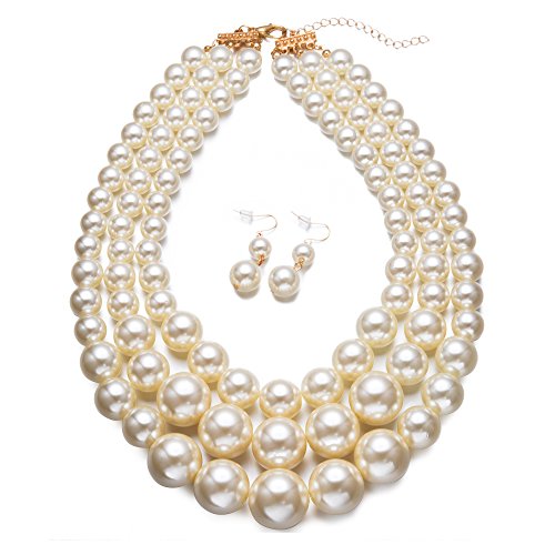 Faux Big White Pearl 3 Layer Chunky Necklace and Earrings Bib Costume Jewelry Set