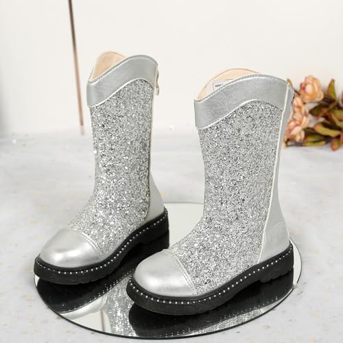 Glitter Cowboy Boots for Girls Kids Western Low Heels Mid Calf Boots with Zipper Winter Soft Sole Warm Sequin Long Booties for Party2